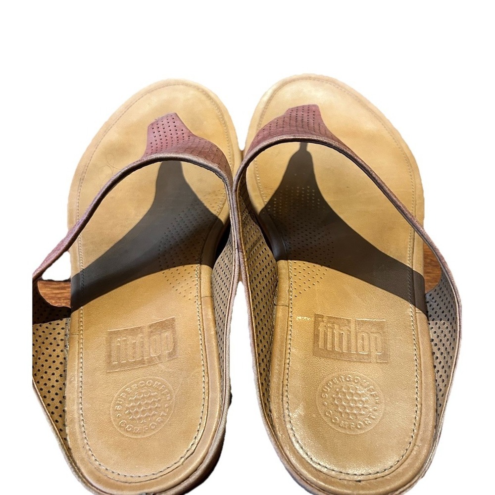 Fitflop Banda Tan Brown Leather Comfortable Toe Thong Sandals Wedge Heel US 9 - Picture 3 of 5